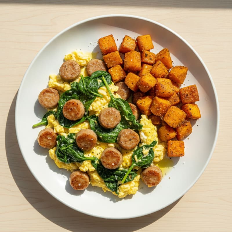 Crispy Turkey Sausage and Spinach Egg Scramble with Roasted Sweet Potatoes