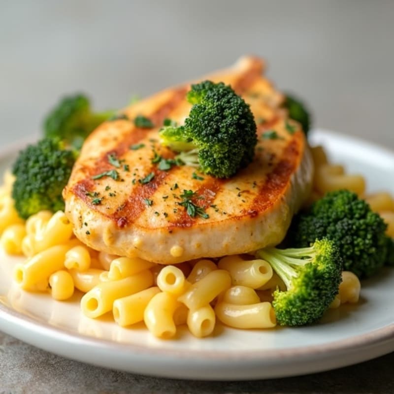 Creamy Chicken Mac and Cheese with Roasted Broccoli