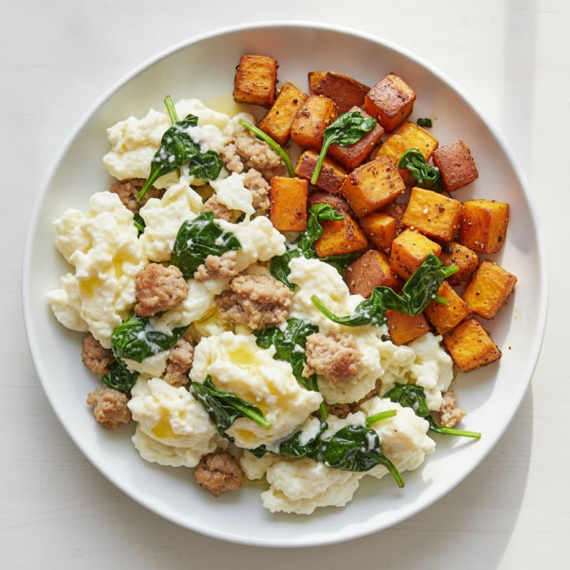 Egg White Scramble with Turkey Sausage and Sautéed Spinach