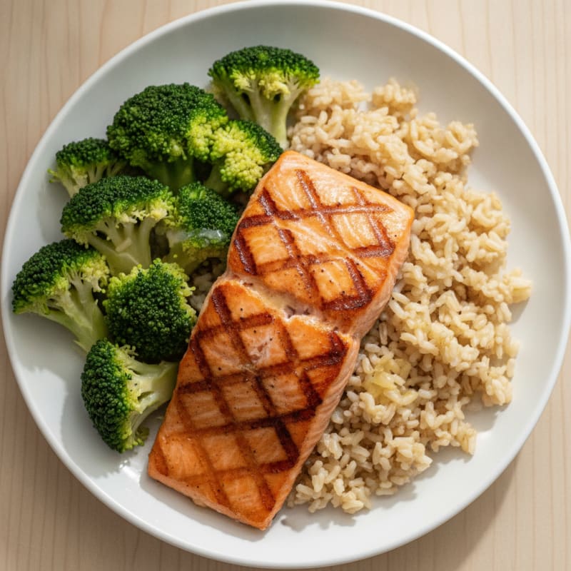 Grilled Salmon with Brown Rice and Steamed Broccoli