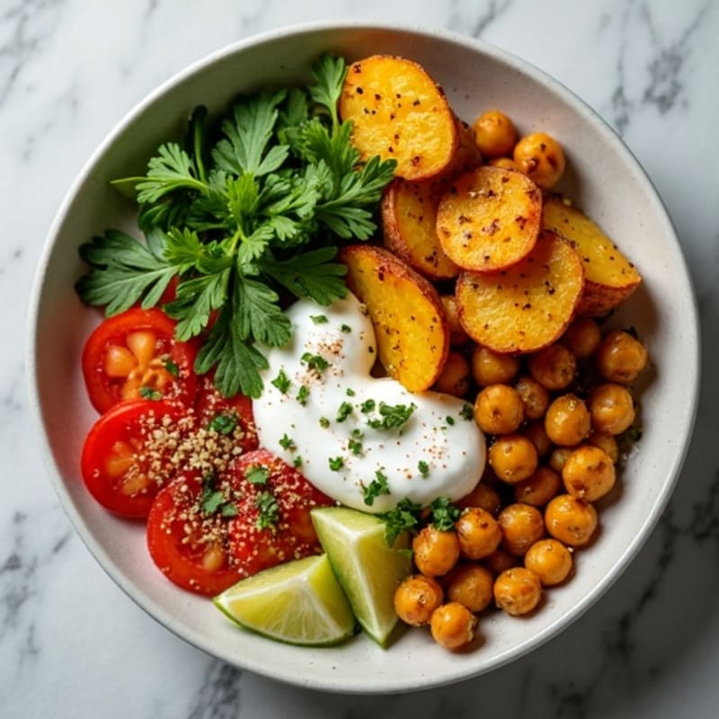 Crispy Roasted Spiced Potato and Chickpea Bowl with Tangy Cilantro Chutney