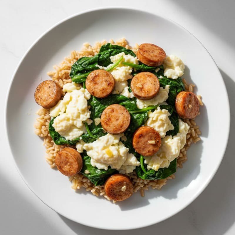 Scrambled Egg Whites with Chicken Sausage and Sautéed Spinach