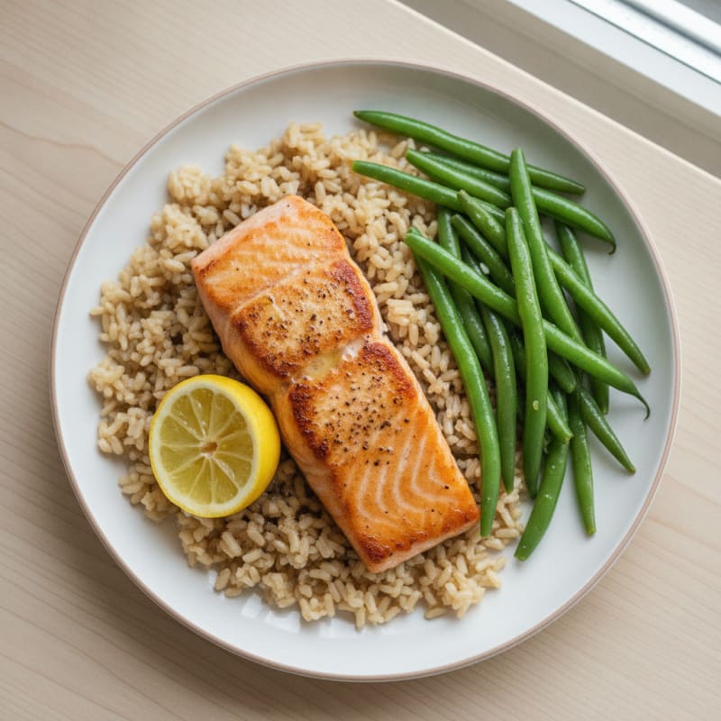 Seared Salmon with Steamed Green Beans and Brown Rice