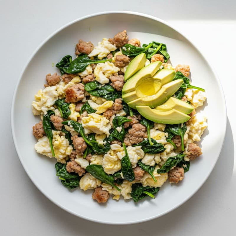 Egg White and Turkey Sausage Scramble with Sautéed Spinach