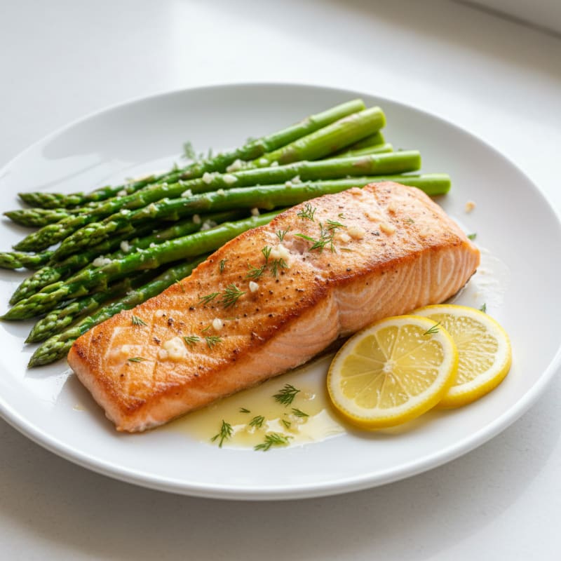 Seared Salmon with Steamed Asparagus and Lemon