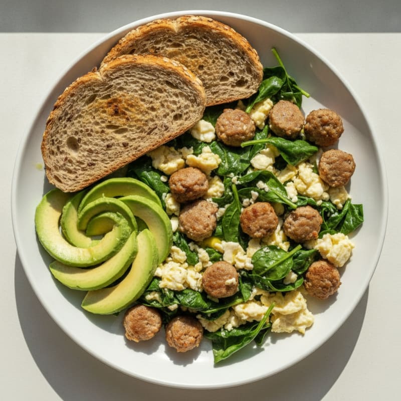 Egg White and Spinach Scramble with Turkey Sausage