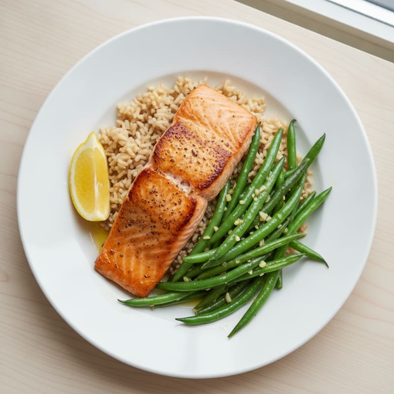 Seared Salmon Fillet with Garlic Green Beans and Brown Rice