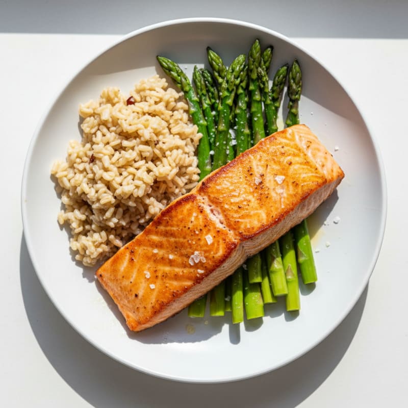 Seared Salmon with Steamed Asparagus and Brown Rice