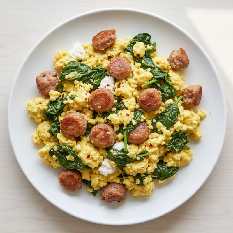 Cottage Cheese Scramble with Turkey Sausage and Spinach