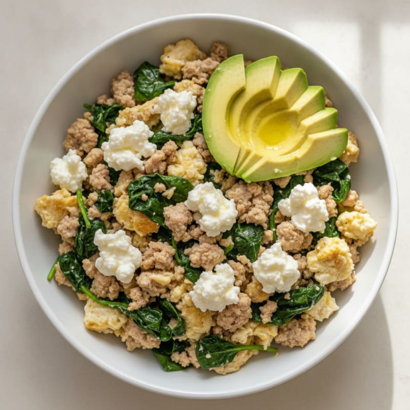 Egg White and Turkey Spinach Scramble with Cottage Cheese