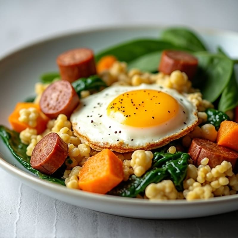 Egg White and Turkey Sausage Scramble with Spinach and Roasted Sweet Potato