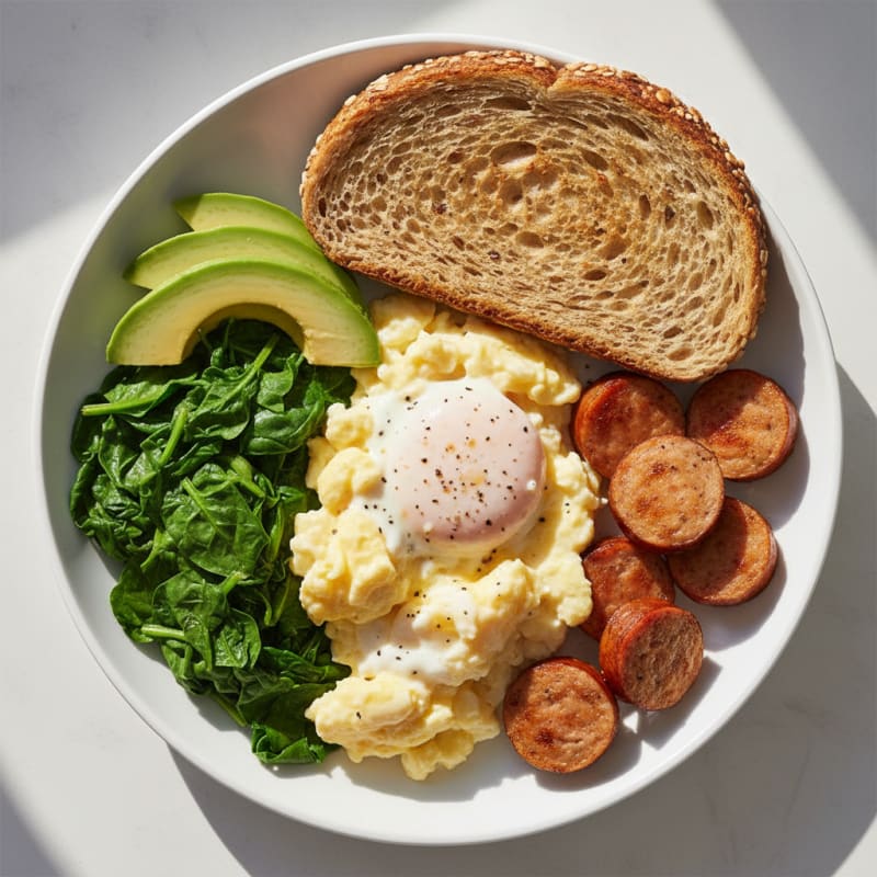 Creamy Scrambled Eggs with Chicken Sausage and Sautéed Spinach