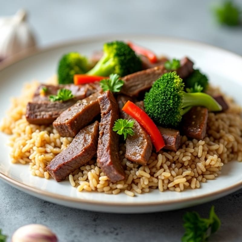 Lean Beef Stir Fry with Steamed Broccoli and Brown Rice