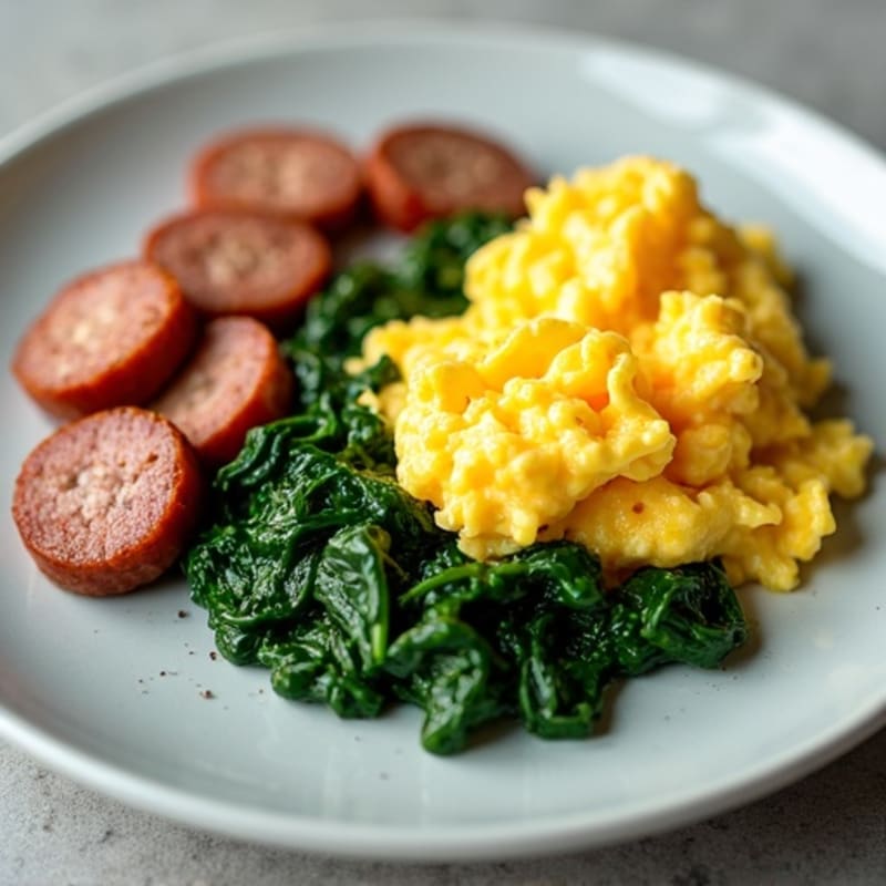 Fluffy Scrambled Eggs with Sautéed Spinach and Lean Turkey Sausage