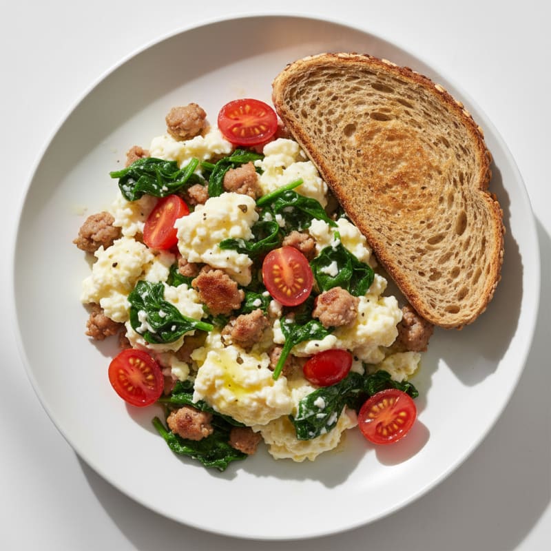 Egg White and Turkey Sausage Scramble with Sautéed Spinach