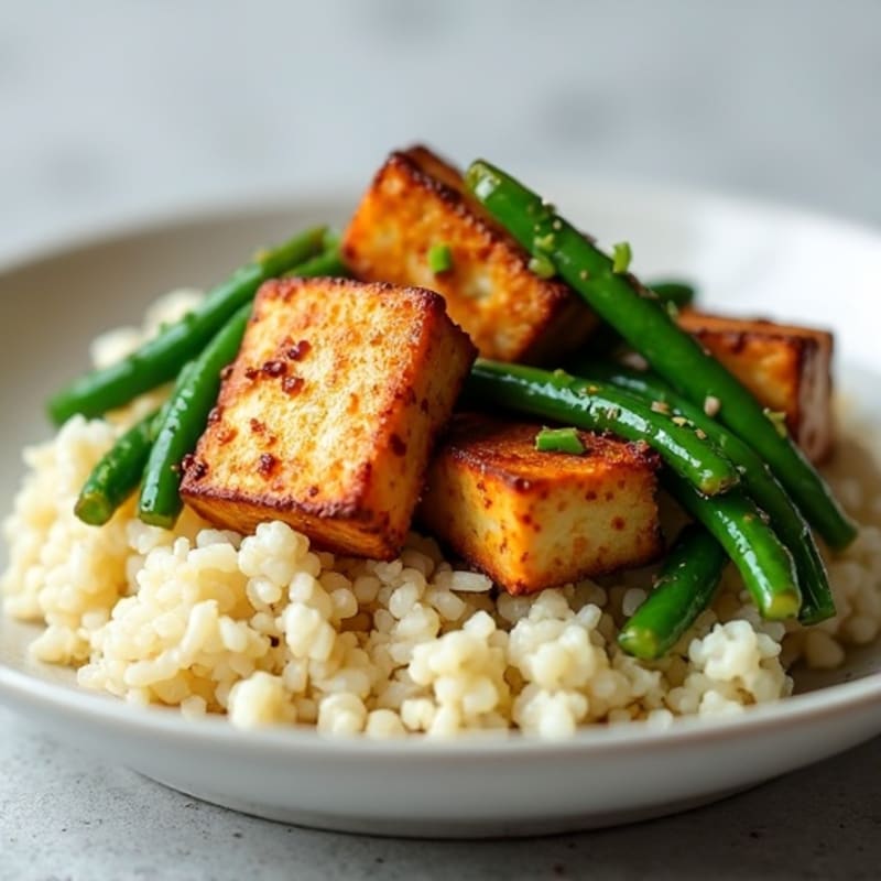 Crispy Tofu with Garlic Green Beans and Cauliflower Rice