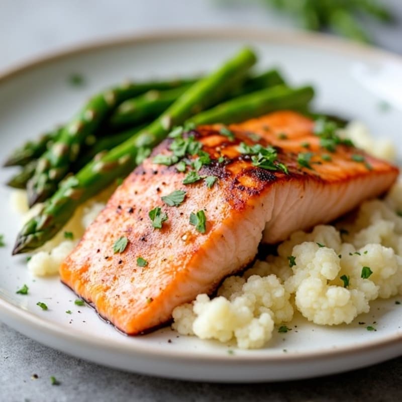 Seared Salmon with Steamed Asparagus and Cauliflower Mash
