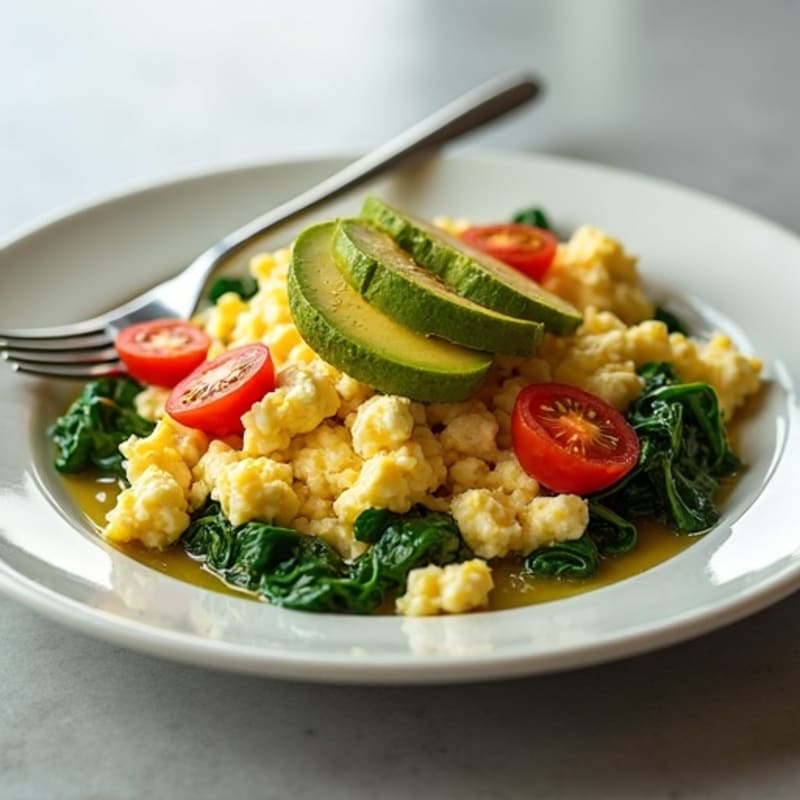 Cottage Cheese Egg White Scramble with Spinach and Cherry Tomatoes