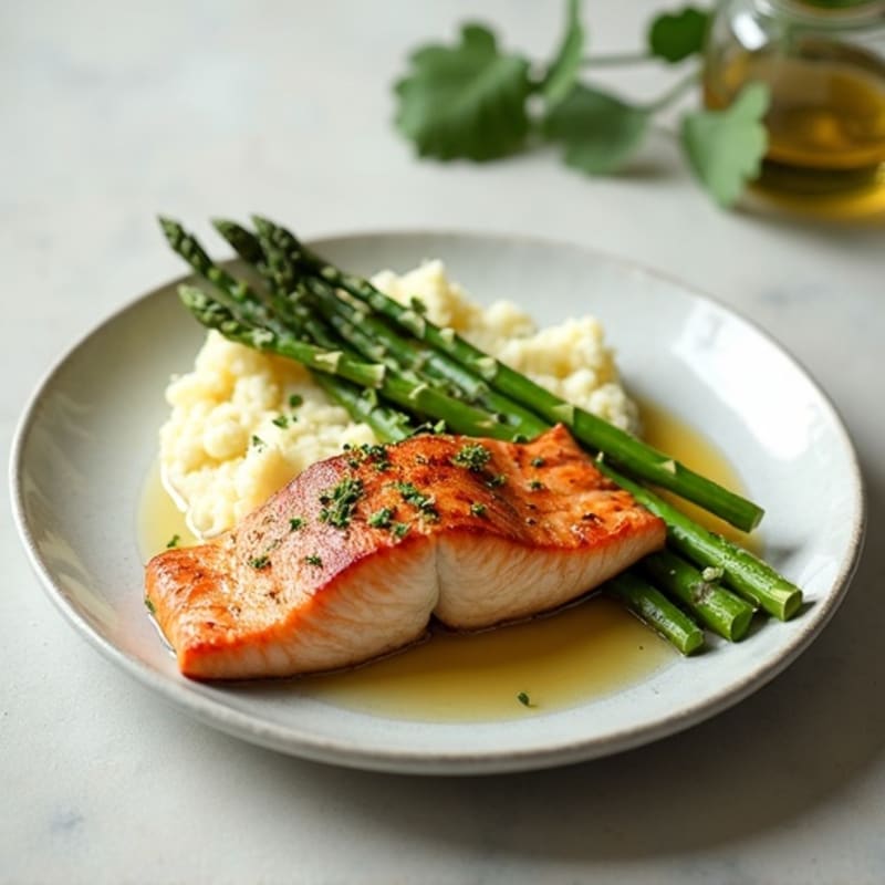 Seared Salmon with Steamed Asparagus and Cauliflower Mash