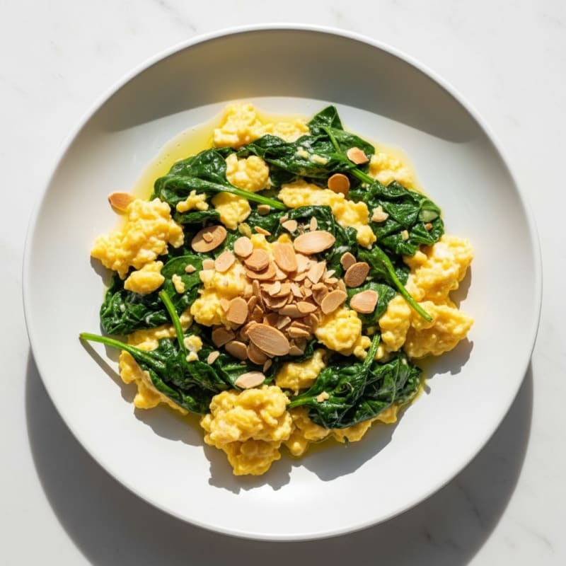 Scrambled Eggs with Sautéed Spinach and Toasted Almonds