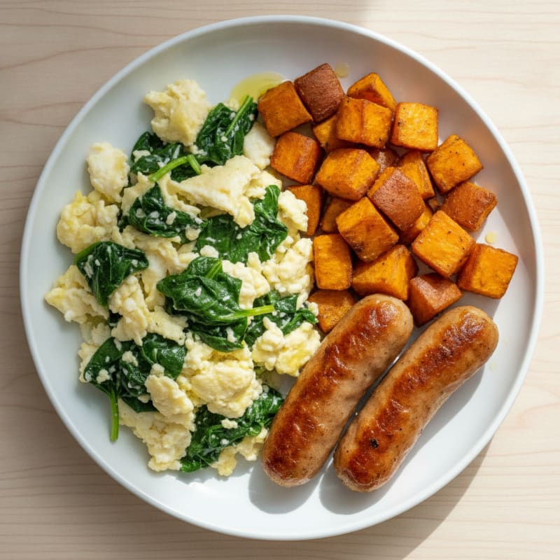 Egg White Spinach Scramble with Turkey Sausage and Roasted Sweet Potatoes
