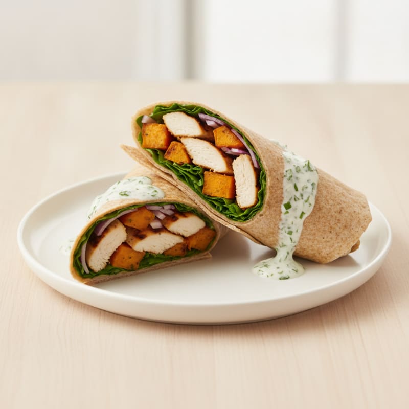 Grilled Chicken and Roasted Sweet Potato Wrap with Greek Yoghurt Herb Sauce