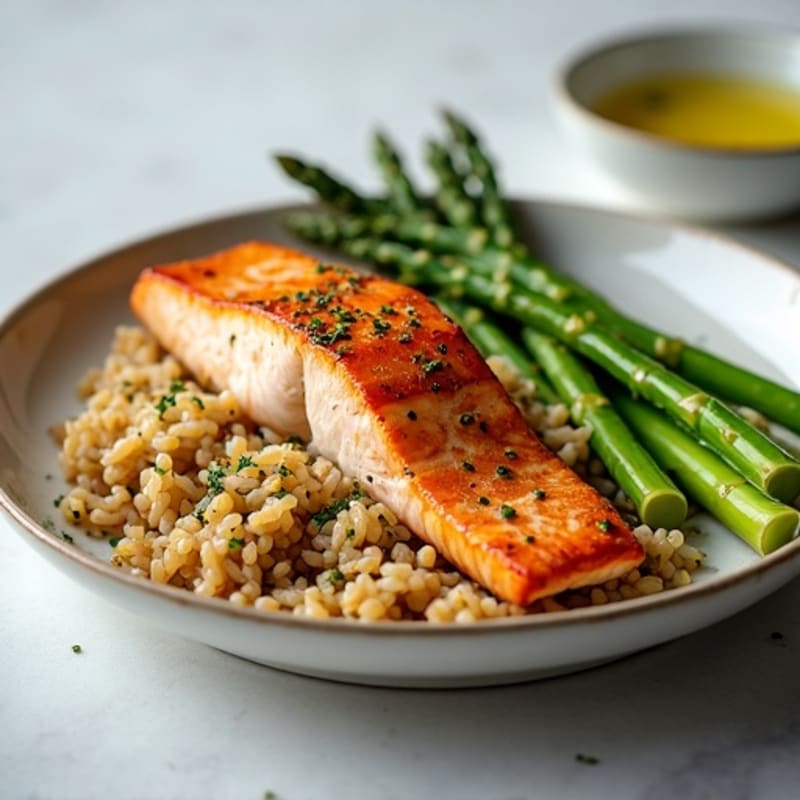 Seared Salmon with Steamed Asparagus and Brown Rice