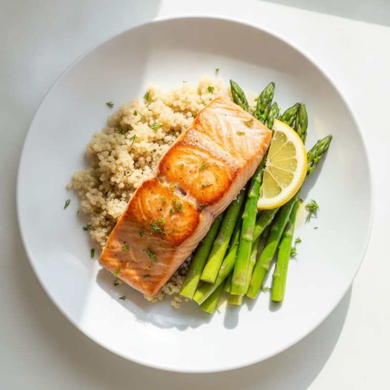 Seared Salmon Fillet with Quinoa and Steamed Asparagus