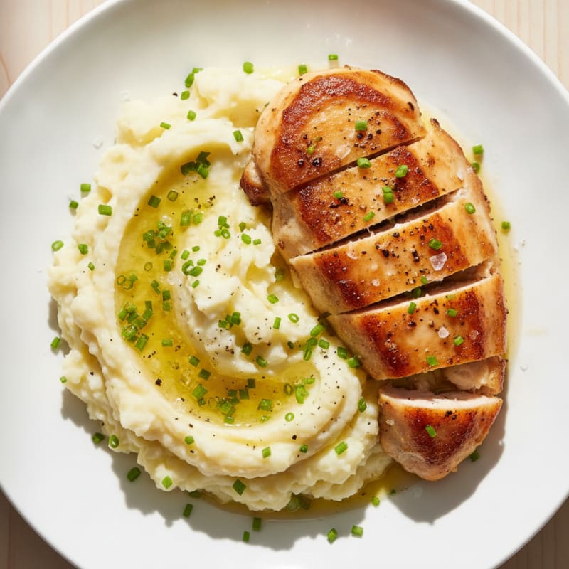 Buttery Garlic Mashed Potatoes with Seared Chicken