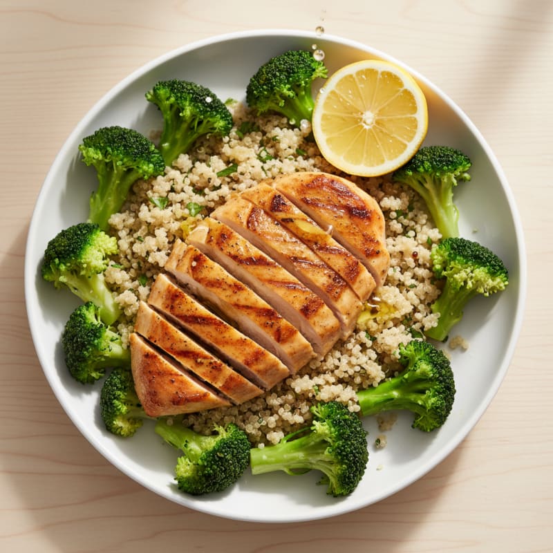 Grilled Chicken Breast with Steamed Broccoli and Quinoa