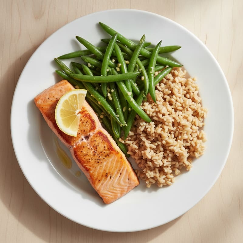 Seared Salmon Fillet with Garlic Green Beans and Brown Rice