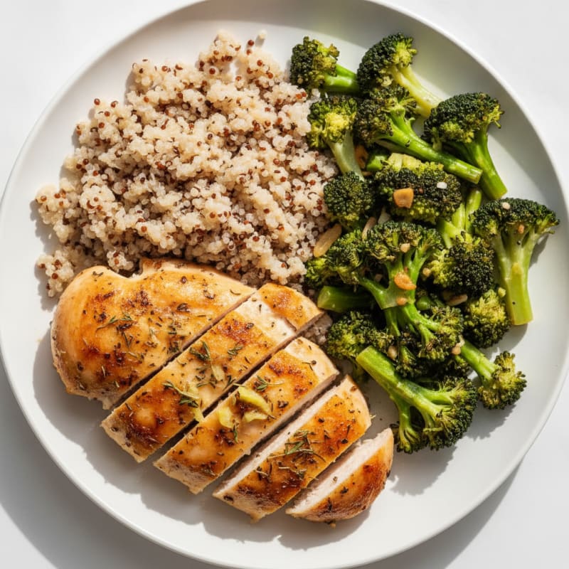 Herb-Roasted Chicken Breast with Garlic Broccoli and Quinoa