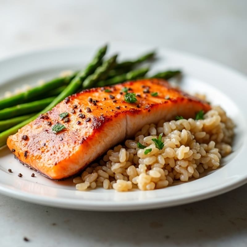 Seared Salmon with Steamed Asparagus and Brown Rice