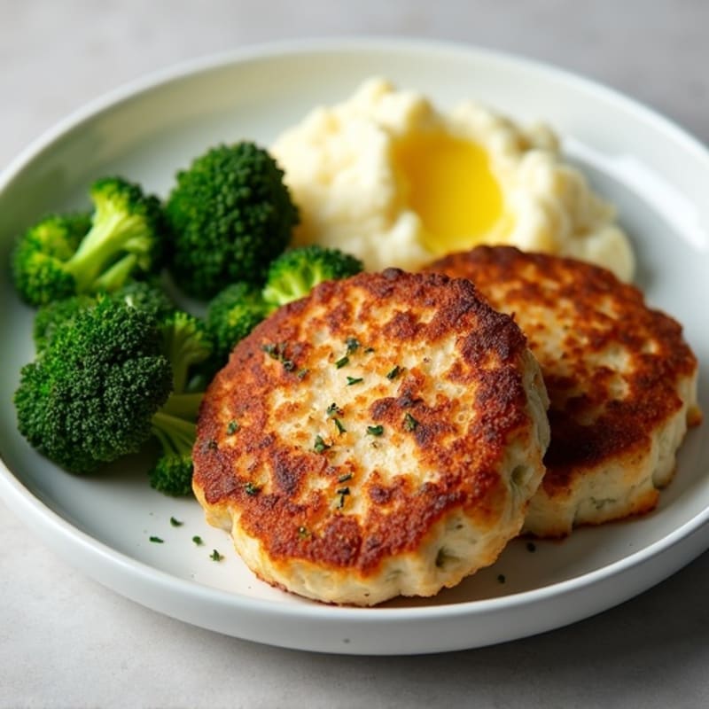 Seared Turkey Patties with Steamed Broccoli and Cauliflower Mash