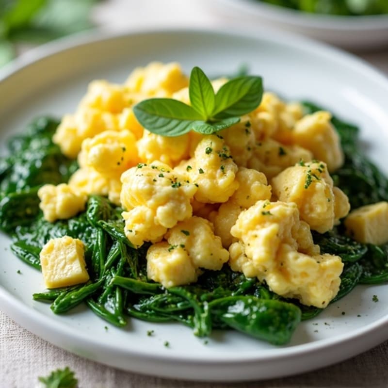 Scrambled Eggs with Cottage Cheese and Sautéed Spinach