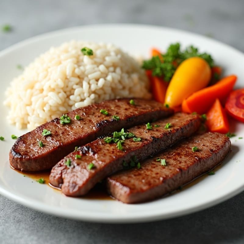 Seared Beef Strips with Steamed Rice and Sautéed Vegetables