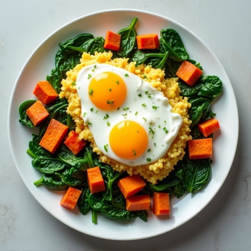 Greek Yogurt and Egg White Scramble with Sautéed Spinach and Roasted Sweet Potato