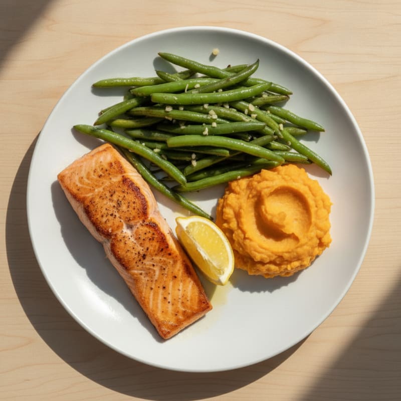 Seared Salmon with Garlic Green Beans and Sweet Potato Mash