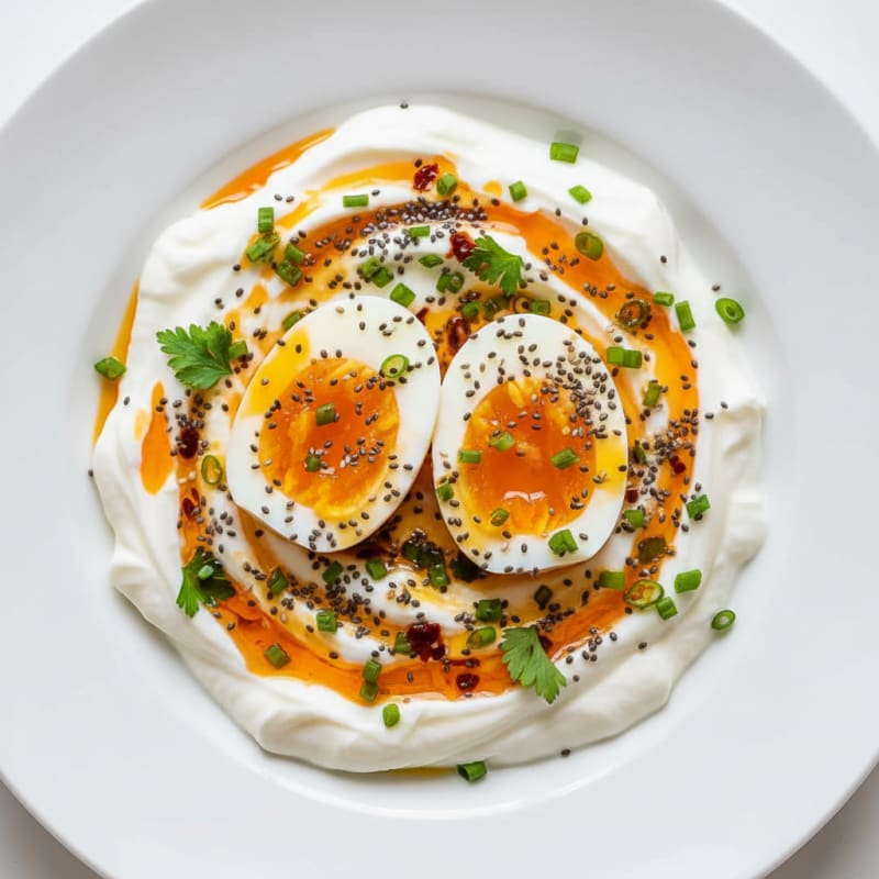 Silky Greek Yogurt Bowl with Soft Boiled Eggs and Chia Seeds