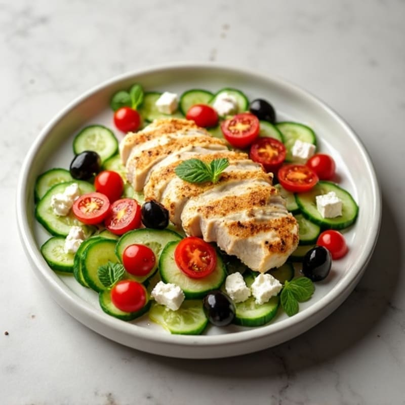 Fresh Cucumber Tomato Salad with Feta, Olives and Grilled Chicken