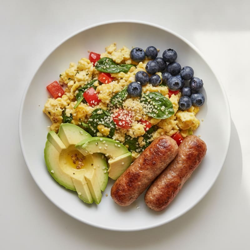Egg White Veggie Scramble with Turkey Sausage and Sliced Avocado