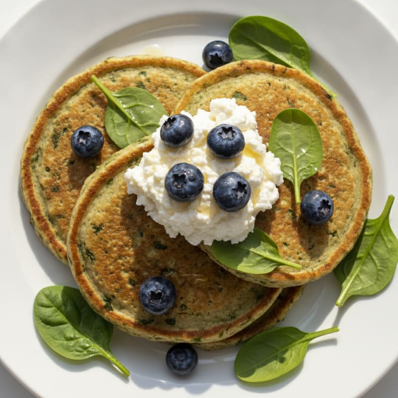 Cottage Cheese Vanilla Protein Pancakes with Fresh Spinach