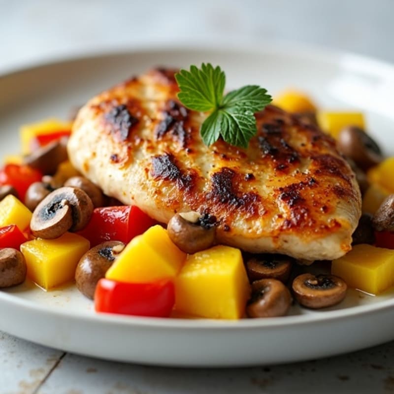 Oven-Roasted Chicken Breast with Sautéed Yellow Squash, Mushrooms, and Crunchy Bell Pepper