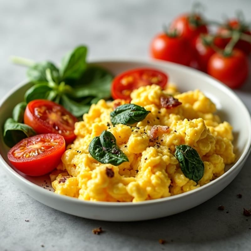 Fluffy Scrambled Eggs with Fresh Spinach and Cherry Tomatoes