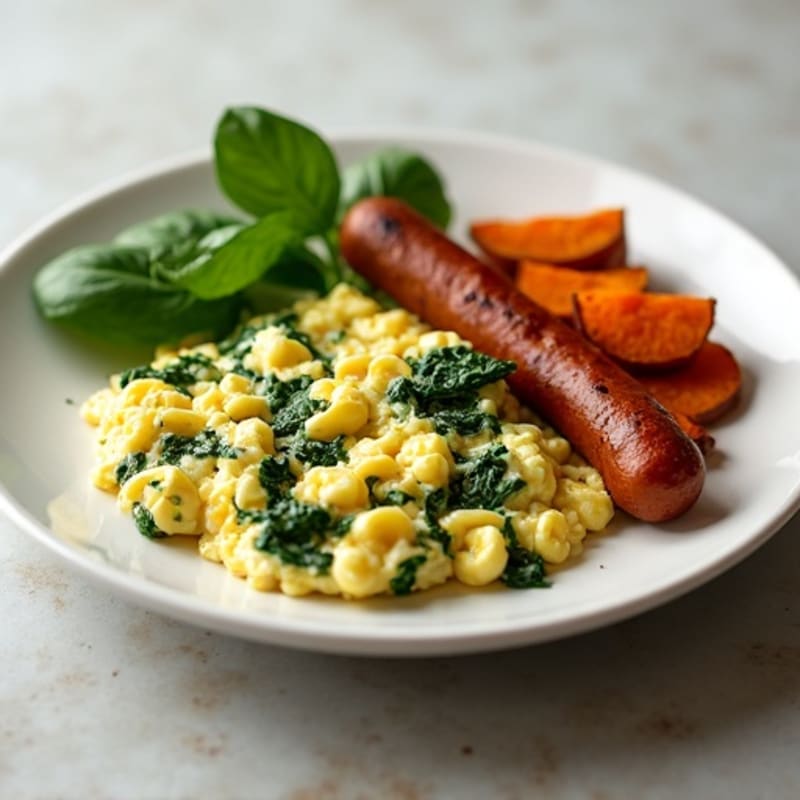 Egg White Spinach Scramble with Turkey Sausage and Roasted Sweet Potatoes