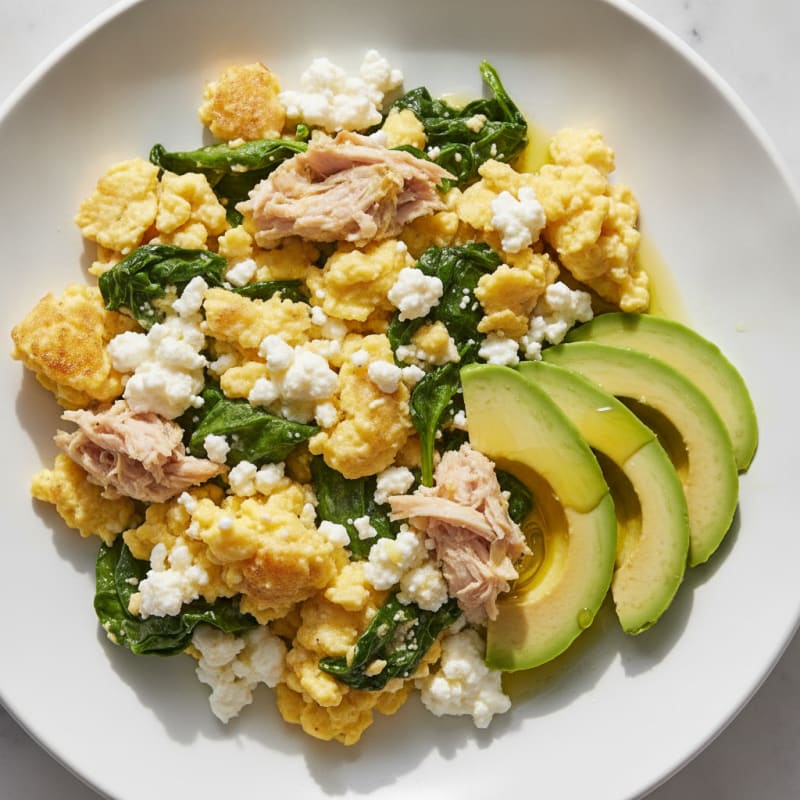 Cottage Cheese Egg Scramble with Roasted Turkey and Spinach