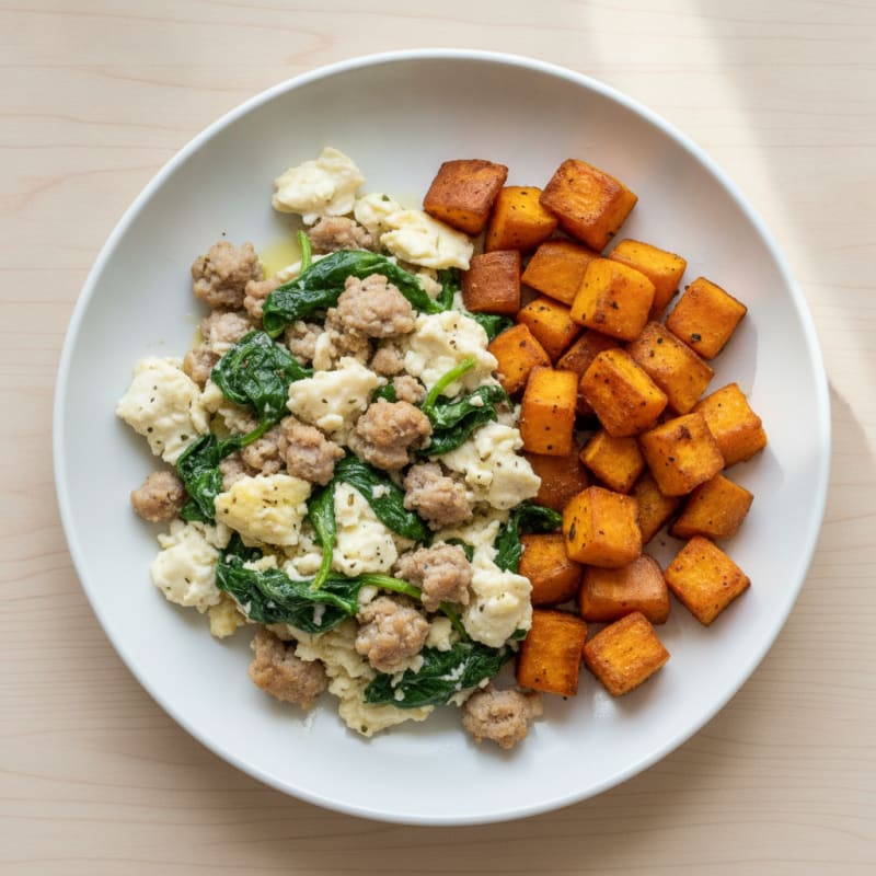 Egg White and Turkey Sausage Scramble with Spinach and Roasted Sweet Potatoes