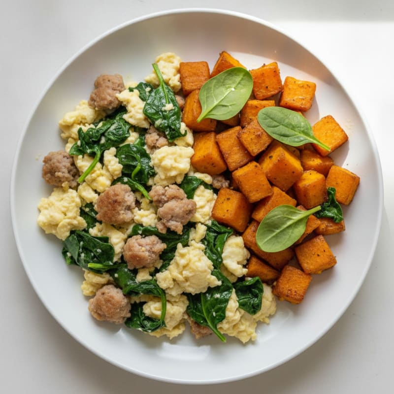 Egg White and Turkey Sausage Scramble with Spinach and Roasted Sweet Potato