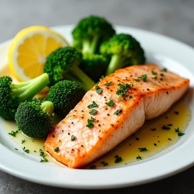 Pan Seared Salmon with Steamed Broccoli and Lemon