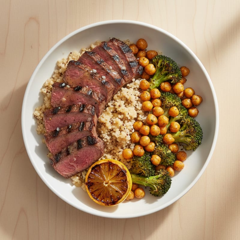 Grilled Steak and Quinoa Power Bowl with Roasted Broccoli and Chickpeas